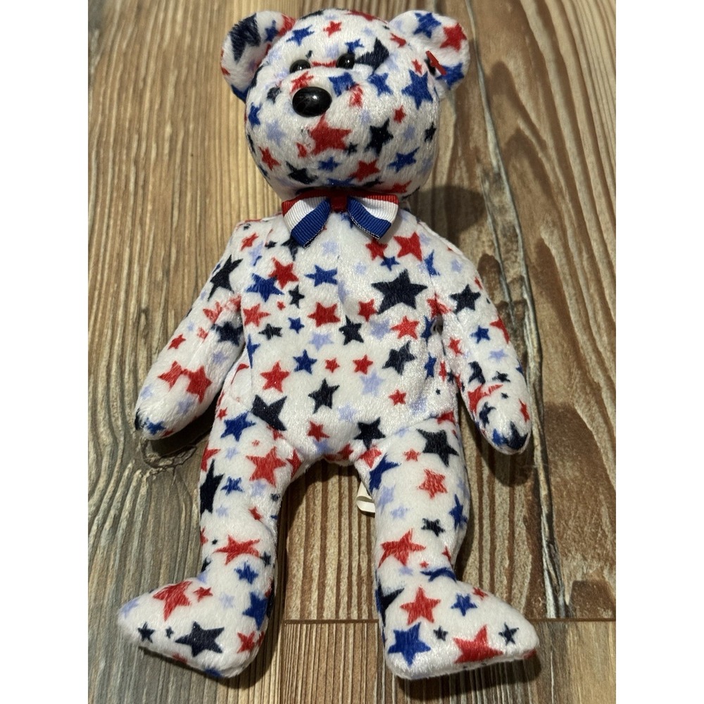 TY Beanie Baby Retired Red White & Blue White Teddy Bear with Stars